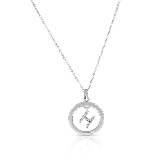 925 Sterling Silver White Clear CZ Circle Letter Initial Pendant Necklace, 18" - H