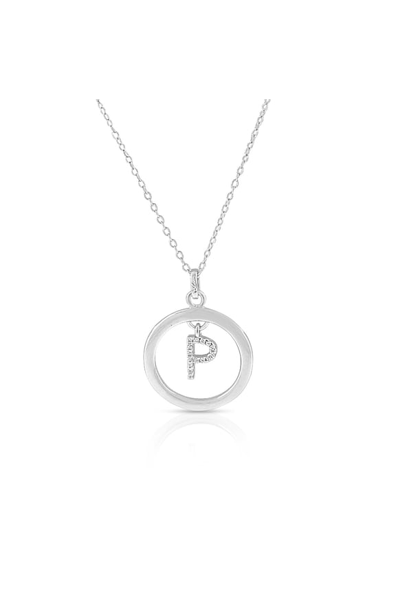925 Sterling Silver White Clear CZ Circle Letter Initial Pendant Necklace, 18" - P