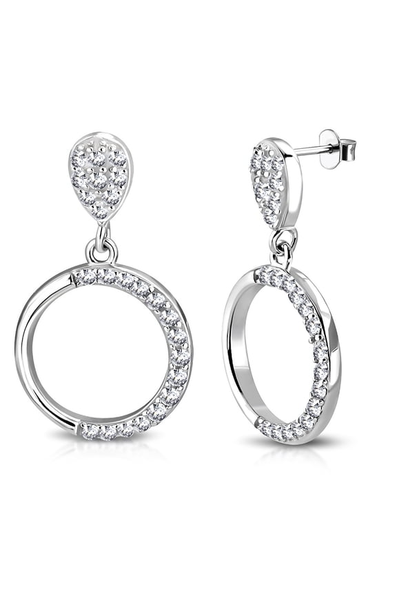 925 Sterling Silver White Clear CZ Circle Teardrop Dangle Drop Earrings, 0.80"