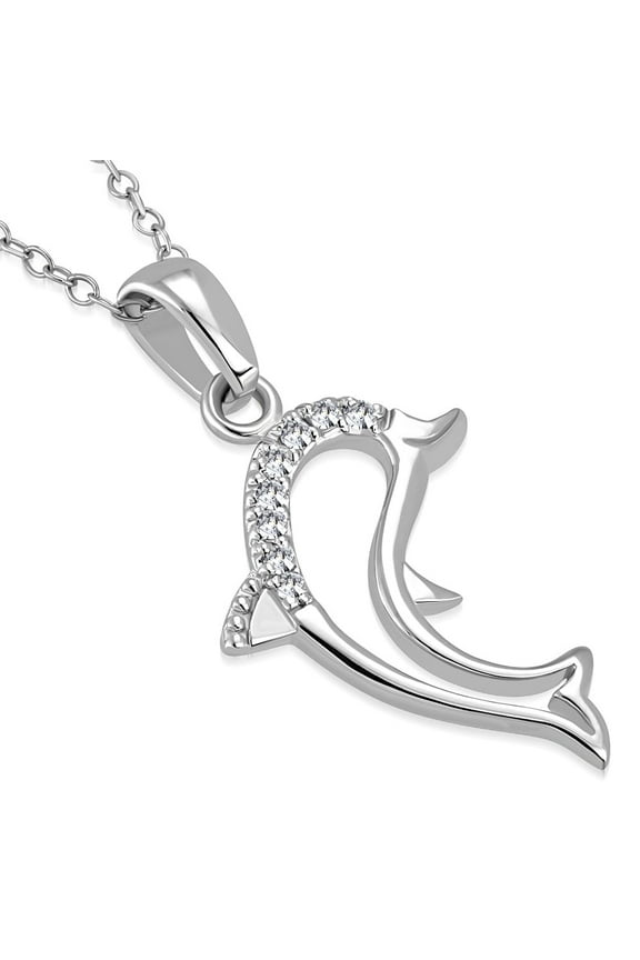 Sterling Silver White Clear CZ Dolphin Pendant Necklace, 18"