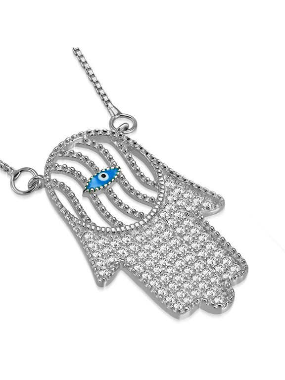 925 Sterling Silver White Clear CZ Evil Eye Protection Hamsa Pendant Necklace, 18"
