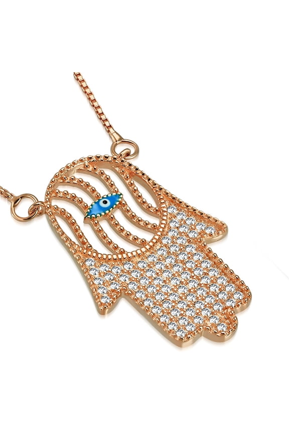 925 Sterling Silver White Clear CZ Evil Eye Protection Hamsa Pendant Necklace, 18"