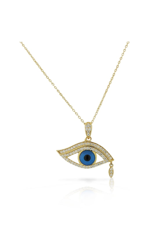 925 Sterling Silver White Clear CZ Evil Eye Tear Protection Pendant Necklace