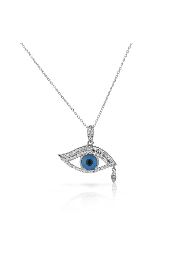 925 Sterling Silver White Clear CZ Evil Eye Tear Protection Pendant Necklace
