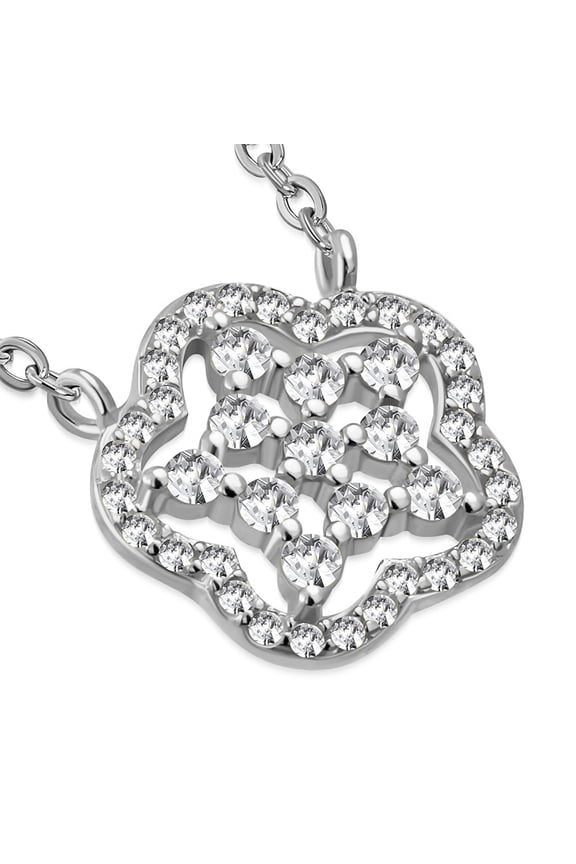 925 Sterling Silver White Clear CZ Flower Floral Pendant Necklace, 18"