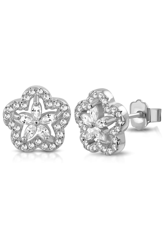925 Sterling Silver White Clear CZ Flower Floral Stud Earrings, 0.40"