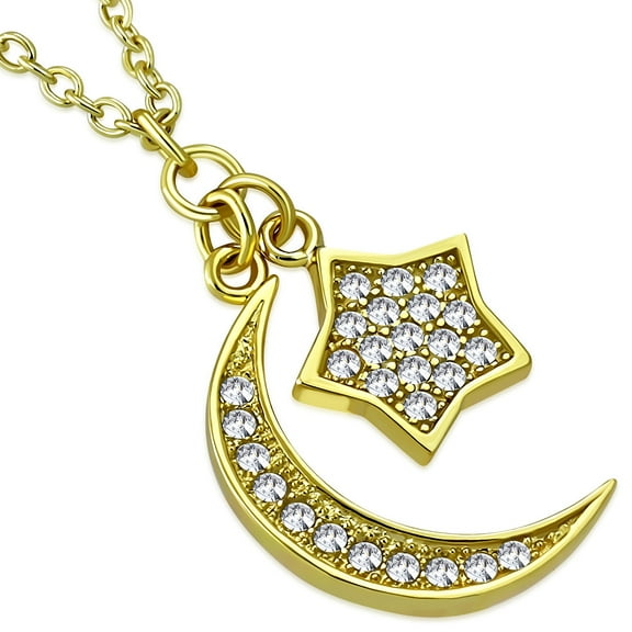 925 Sterling Silver White Clear CZ Half-Moon Star Pendant Necklace