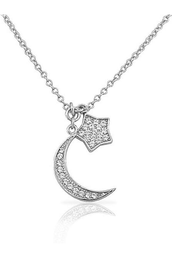 925 Sterling Silver White Clear CZ Half-Moon Star Pendant Necklace