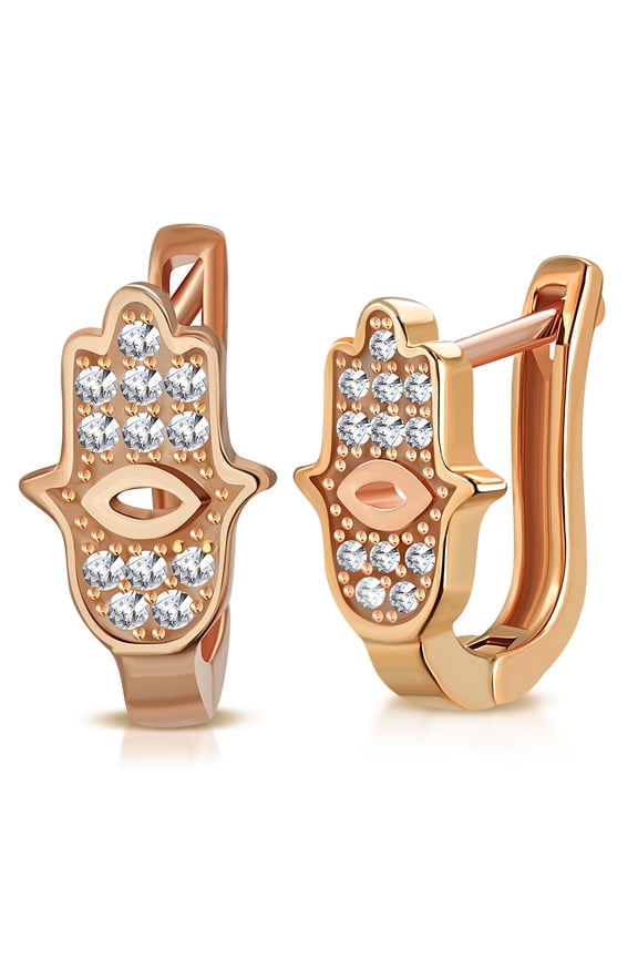 925 Sterling Silver White Clear CZ Hamsa Good Luck Hoop Huggie Earrings, 0.55"