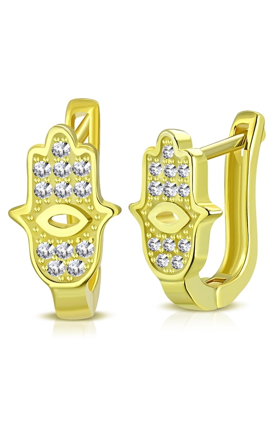 925 Sterling Silver White Clear CZ Hamsa Good Luck Hoop Huggie Earrings, 0.55"