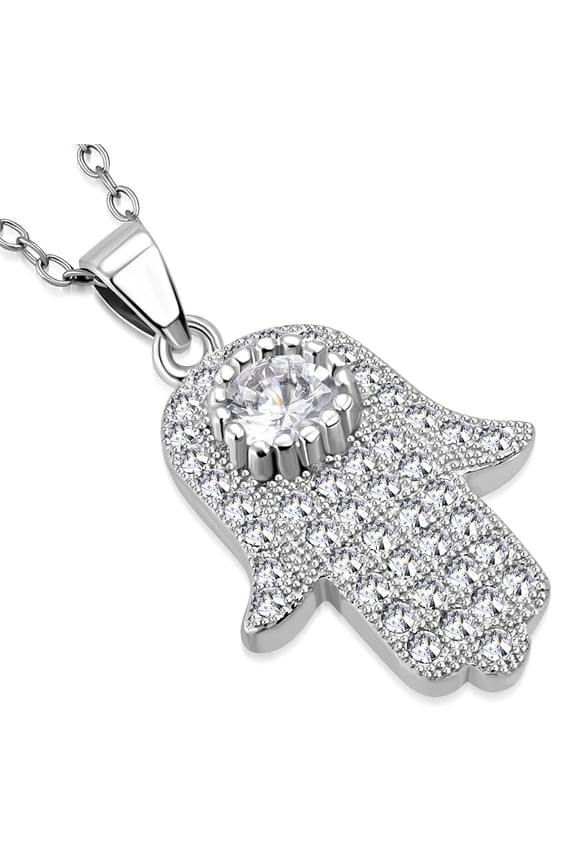 925 Sterling Silver White Clear CZ Hamsa Hand Good Luck Pendant Necklace