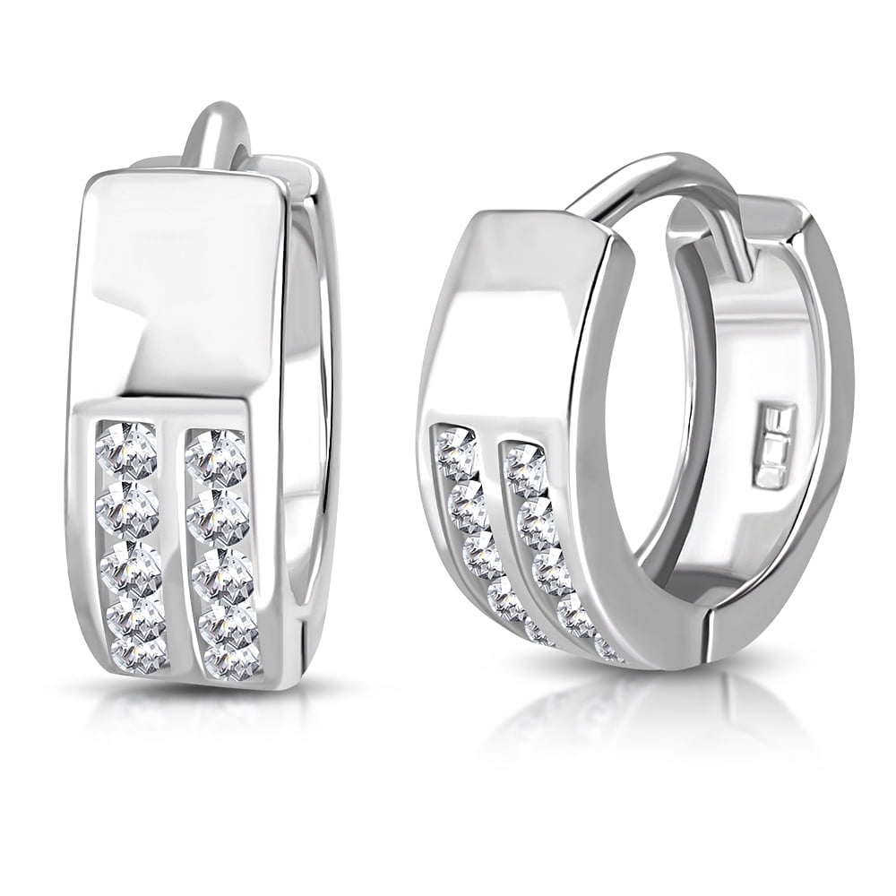 925 Sterling Silver White Clear CZ Hoop Huggie Small Earrings 0.45"