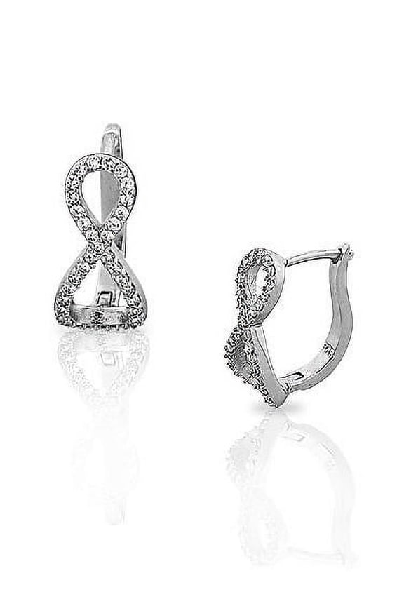 925 Sterling Silver White Clear CZ Infinity Hoop Huggie Latch Back Earrings