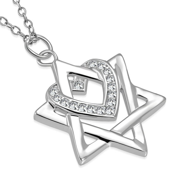 925 Sterling Silver White Clear CZ Jewish Star of David Love Heart Pendant Necklace