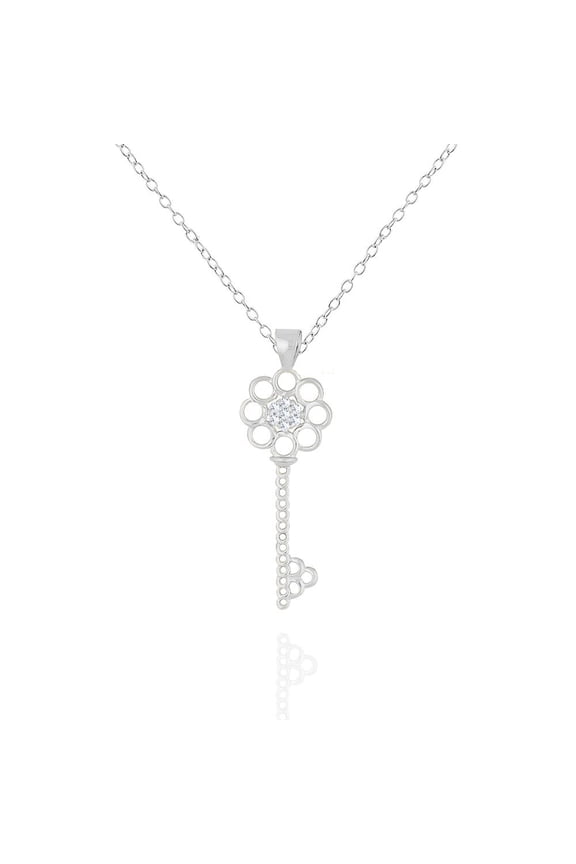 925 Sterling Silver White Clear CZ Key Pendant Necklace, 18"