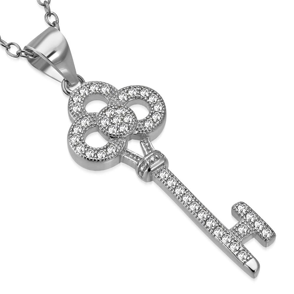 925 Sterling Silver White Clear CZ Key Pendant Necklace, 18