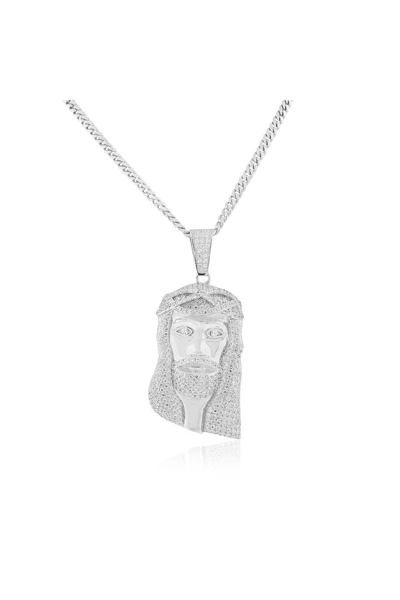 925 Sterling Silver White Clear CZ Large Statement Hip-Hop Jesus Religious Pendant Necklace, 30"
