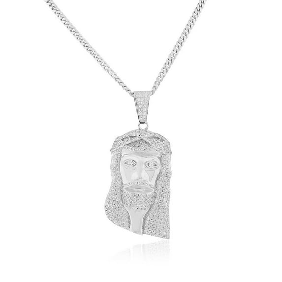 925 Sterling Silver White Clear CZ Large Statement Hip-Hop Jesus Religious Pendant Necklace, 30"