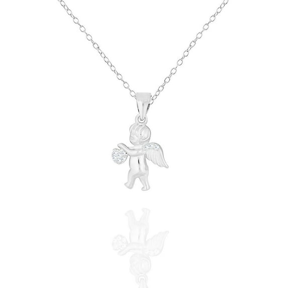 925 Sterling Silver White Clear CZ Love Heart Cupid Angel Pendant Necklace, 18"