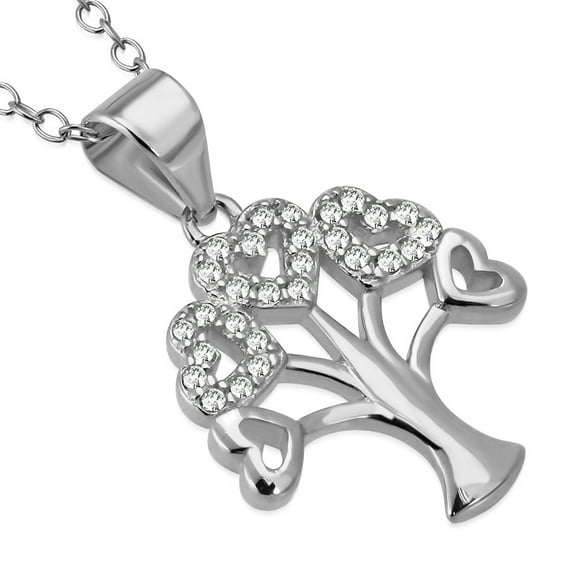 925 Sterling Silver White Clear CZ Love Heart Tree of Life Pendant Necklace, 18"