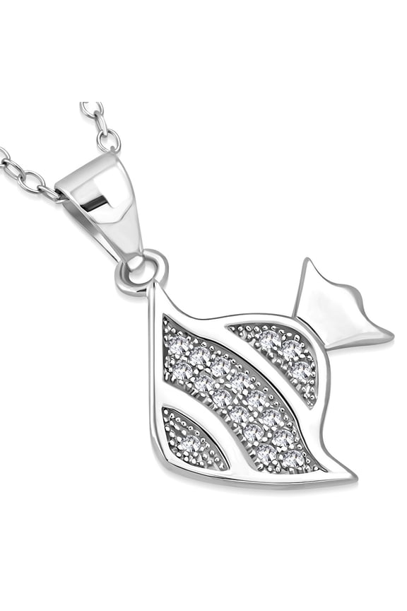 925 Sterling Silver White Clear CZ Marine Fish Pendant Necklace, 18"