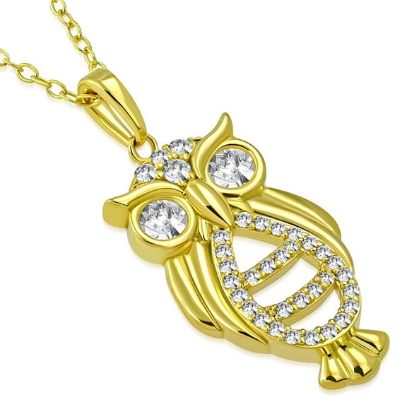 925 Sterling Silver White Clear CZ Owl Pendant Necklace