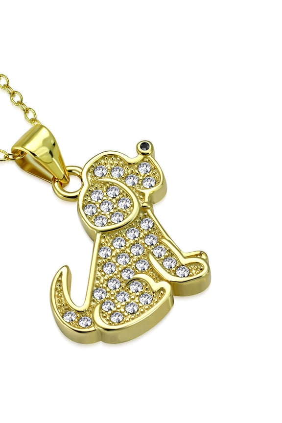 925 Sterling Silver White Clear CZ Puppy Dog Animal Pendant Necklace, 18"