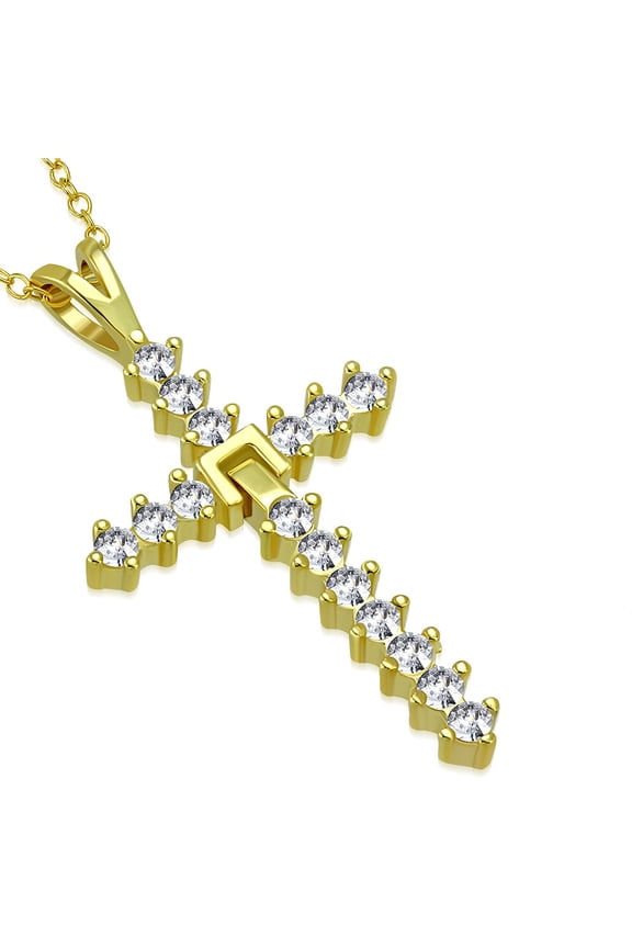 925 Sterling Silver White Clear CZ Religious Cross Pendant Necklace, 18"