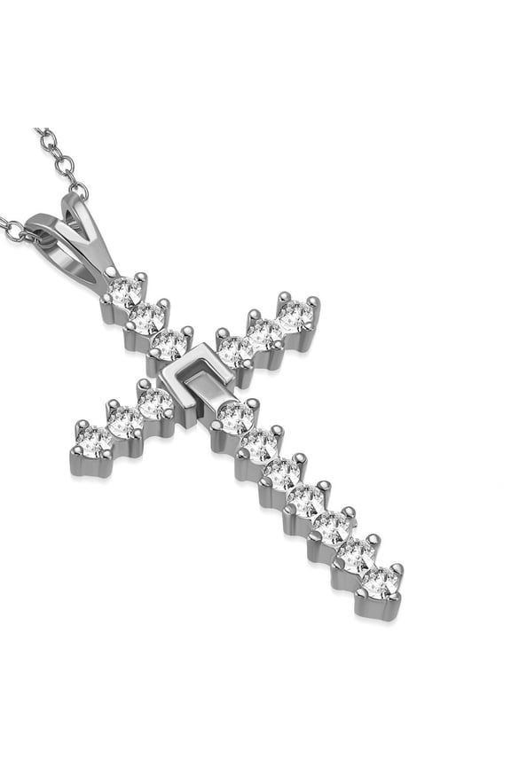 925 Sterling Silver White Clear CZ Religious Cross Pendant Necklace, 18"