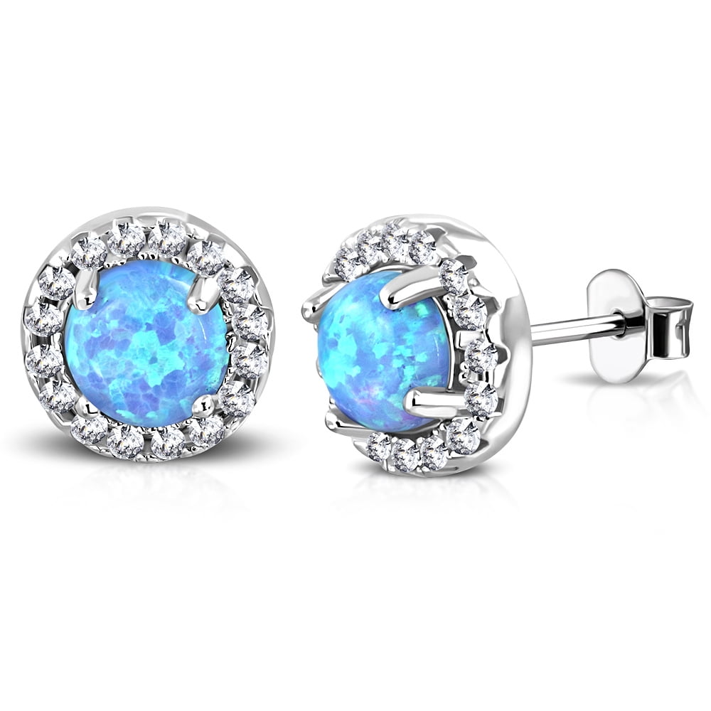 925 Sterling Silver White Clear CZ Simulated Blue Opal Circle Round Stud Earrings, 0.30"