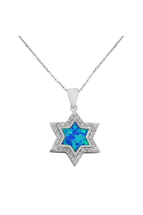 925 Sterling Silver White Clear CZ Simulated Blue Opal Jewish Star of David Pendant Necklace, 18"