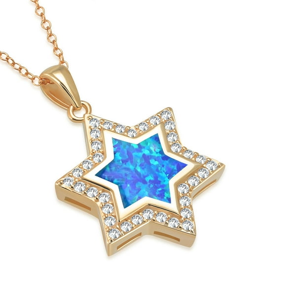925 Sterling Silver White Clear CZ Simulated Blue Opal Jewish Star of David Pendant Necklace, 18"