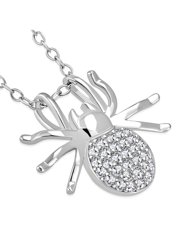 925 Sterling Silver White Clear CZ Small Spider Pendant Necklace, 18"