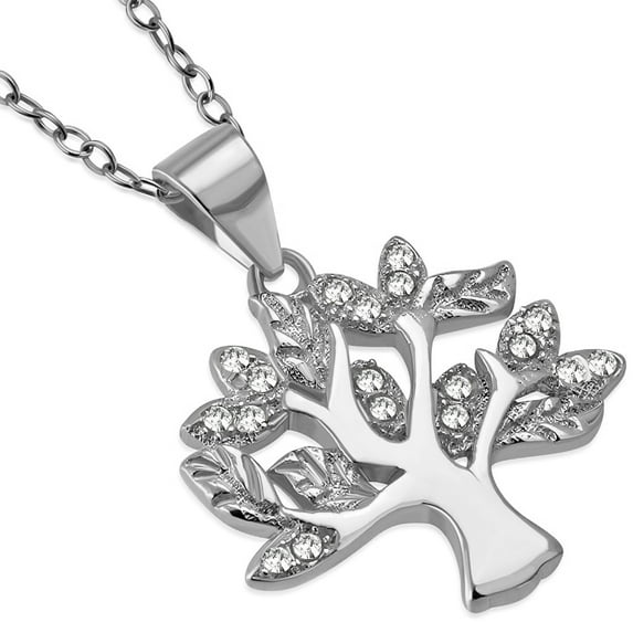 925 Sterling Silver White Clear CZ Tree of Life Pendant Necklace, 18"