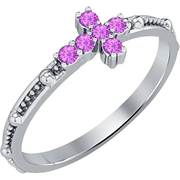 925 Sterling Silver White Gold Plated Amethyst Cross Ring - Women's Christmas Gift