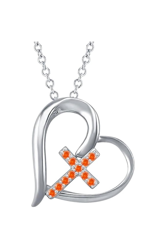 925 Sterling Silver White Gold-Plated Orange Sapphire Cross With Heart Pendant Necklace - Perfect Christmas Gift for Women