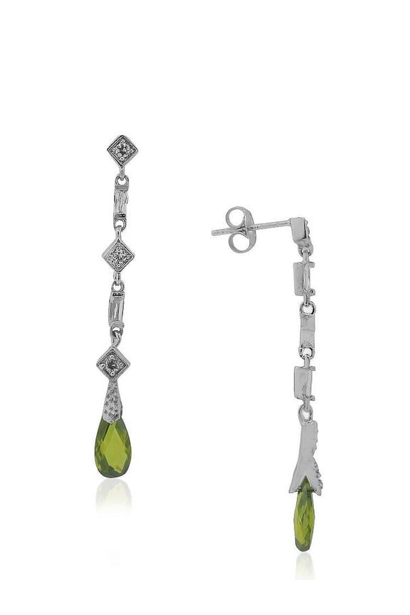 925 Sterling Silver White Green Emerald-Tone CZ Long Drop Earrings