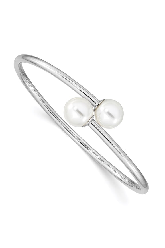 925 Sterling Silver White Imitation Shell Pearl Bangle Bracelet Fine Jewelry For Women Gifts For Her (10-11mm), 7"