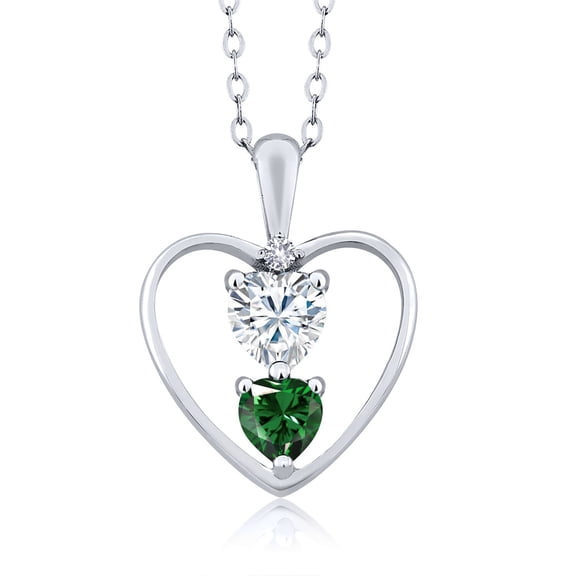925 Sterling Silver White Moissanite Green Nano Emerald and White Created Sapphire Pendant Necklace for Women (0.83 Cttw, Gemstone Birthstone, Heart 5MM and 4MM, with 18 inch Silver Chain)