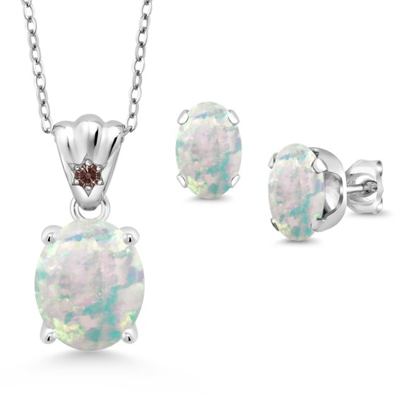 925 Sterling Silver White Opal and Fancy Brown Zirconia Pendant and Earrings Jewelry Set for Women (4.03 Cttw, Gemstone Birthstone, Oval Cabochon 11X9MM and 8X6MM with 18 inch Silver Chain)