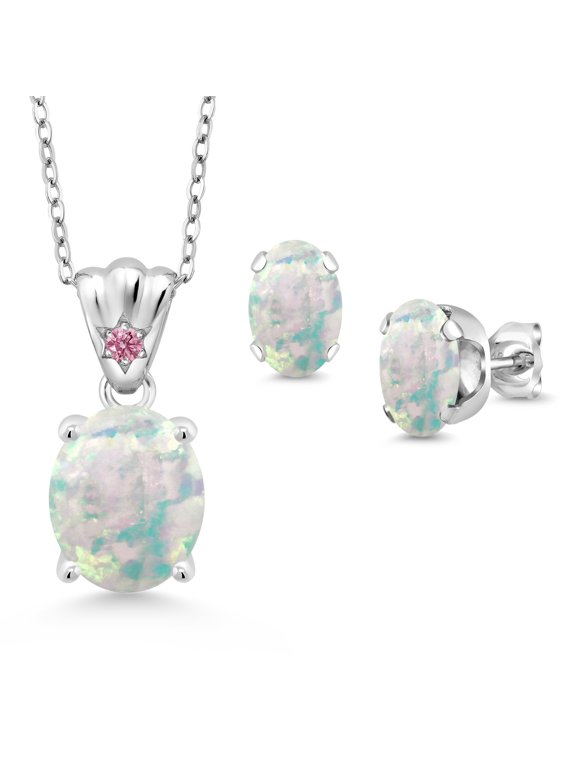 925 Sterling Silver White Opal and Pink Lab Grown Diamond Pendant and Earrings Jewelry Set for Women 4.04 Cttw, Gemstone Birthstone, Oval Cabochon 11X9MM and 8X6MM with 18 inch Silver Chain