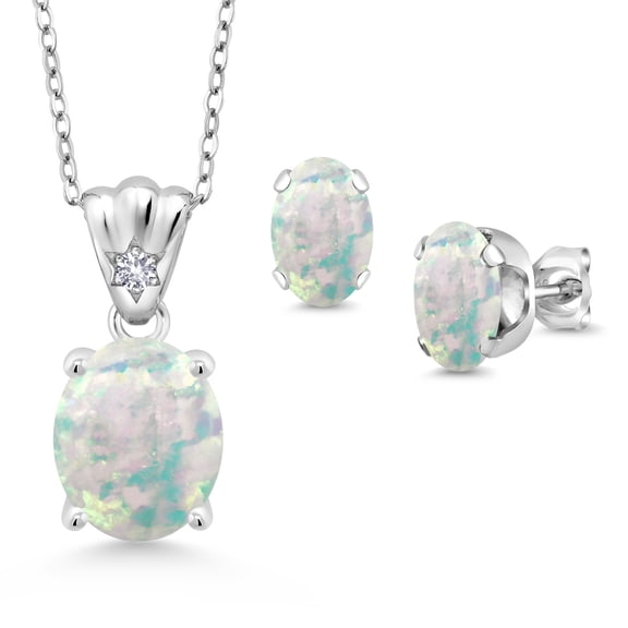 925 Sterling Silver White Opal and White Created Sapphire Pendant and Earrings Jewelry Set for Women (4.04 Cttw, Gemstone Birthstone, Oval Cabochon 11X9MM and 8X6MM with 18 inch Silver Chain)