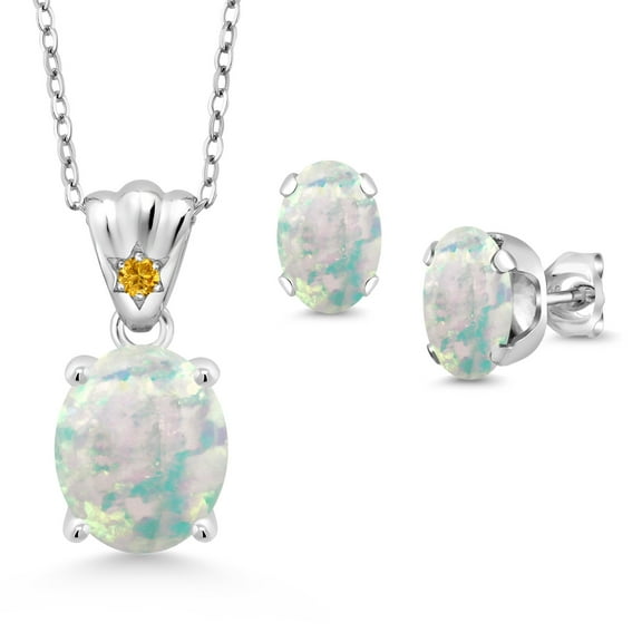 925 Sterling Silver White Opal and Yellow Created Sapphire Pendant and Earrings Jewelry Set for Women (4.05 Cttw, Gemstone Birthstone, Oval Cabochon 11X9MM and 8X6MM with 18 inch Silver Chain)