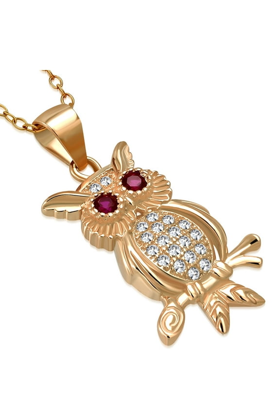 925 Sterling Silver White Red CZ Owl Bird Pendant Necklace, 18"