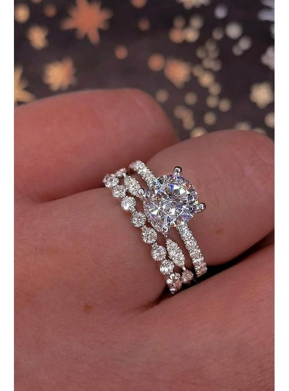 925 Sterling Silver White Sapphire Diamond Ring Set