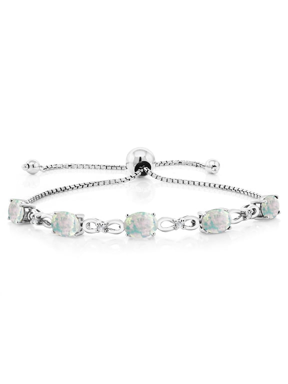 925 Sterling Silver White Simulated Opal and White Lab Grown Diamond Tennis Bracelet for Women (5.02 Cttw, Gemstone October Birthstone, Oval Cabochon 7x5MM, Fully Adjustable up to 9 inch)