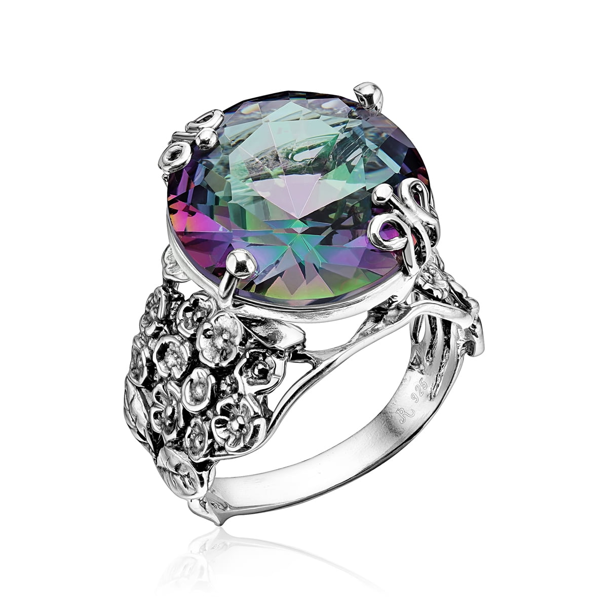 925 Sterling Silver Wide Band Ring With A Mystic Bold Oval Round Cubic ...