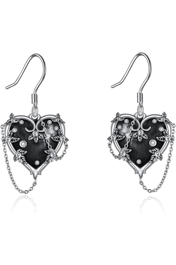 925 Sterling Silver Witches Heart/Gothic Rose Earrings - Goth Black Jewelry