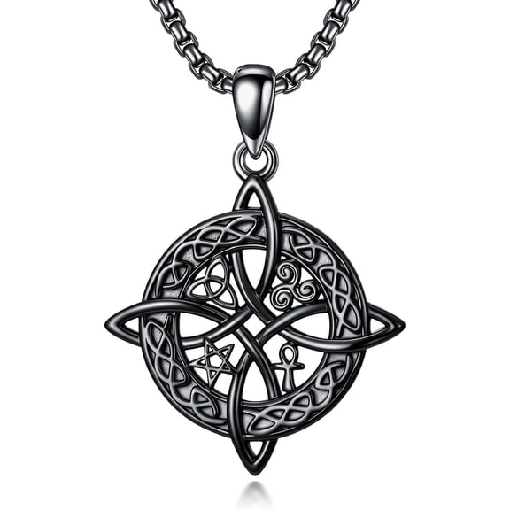 925 Sterling Silver Witches Knot Necklace for Women Men - Black Oxidized Pentagram Ankh Triskele Protection Amulet - Gothic Pagan Wiccan Celtic Knot Jewelry Gifts