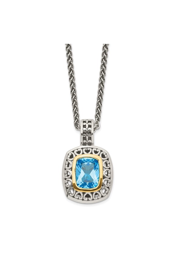 925 Sterling Silver With Real 14kt Antiqued Light Swiss Blue Topaz Necklace; 18 inch; for Adults and Teens; for Women and Men